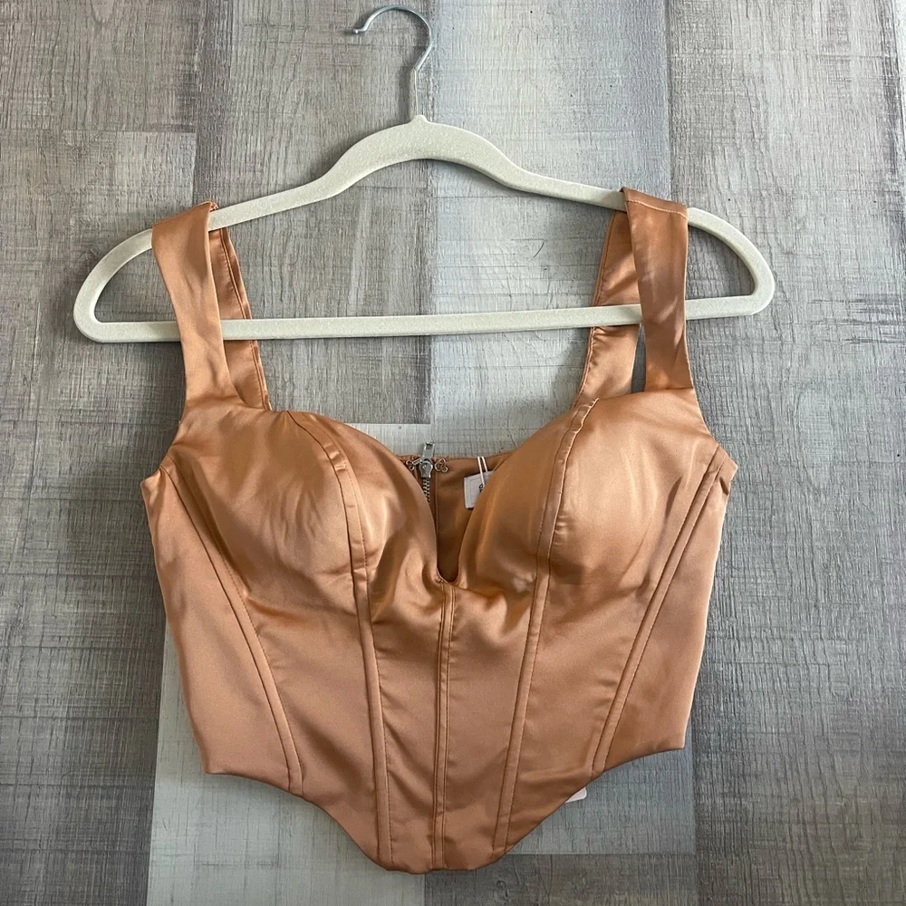 Plunge Neck Satin Corset Top in Tan. NWT - Picture 3 of 6